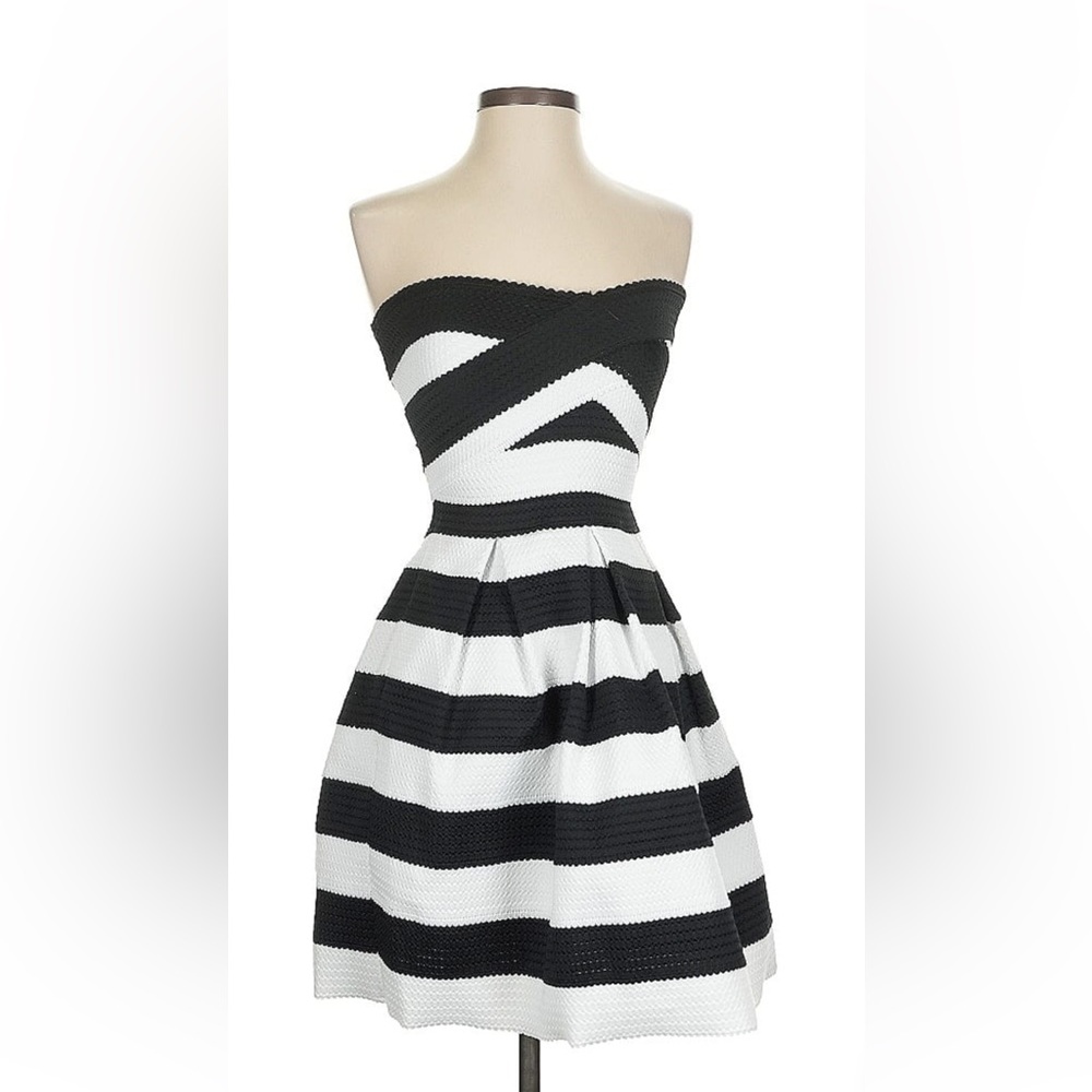 Express Black and White Strapless Fit and Flare Dress